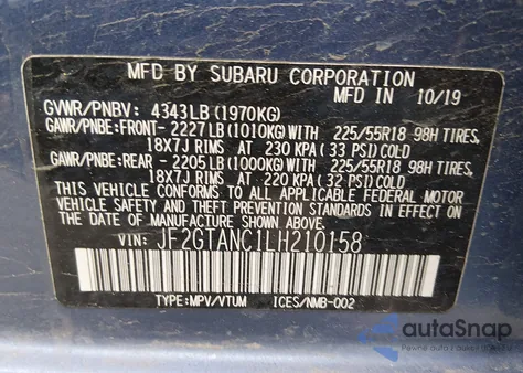 2020 Subaru Crosstrek Limited z USA, uszkodzony, nr VIN JF2GTANC1LH210158